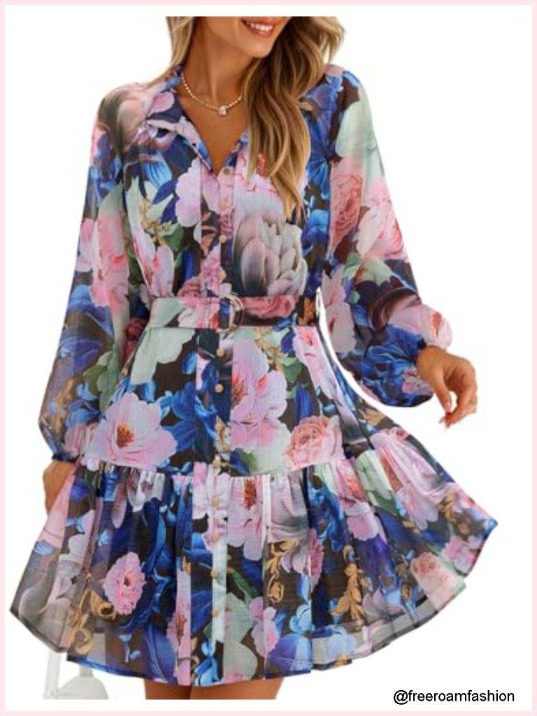 Floral Long Sleeve Button Down Chiffon Mini Dress
